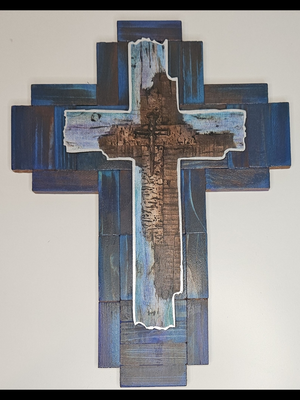 Handcrafted Blue & Brown Wooden Cross Wall Decor - Picture 8 of 10